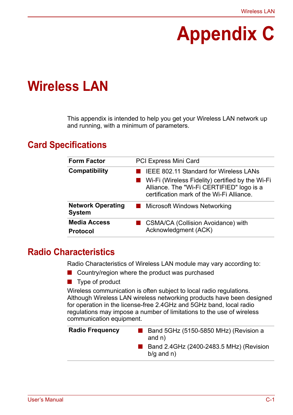 Appendix c: wireless lan, Appendix c, Wireless lan | Card specifications radio characteristics | Toshiba Satellite Pro C660 User Manual | Page 129 / 144