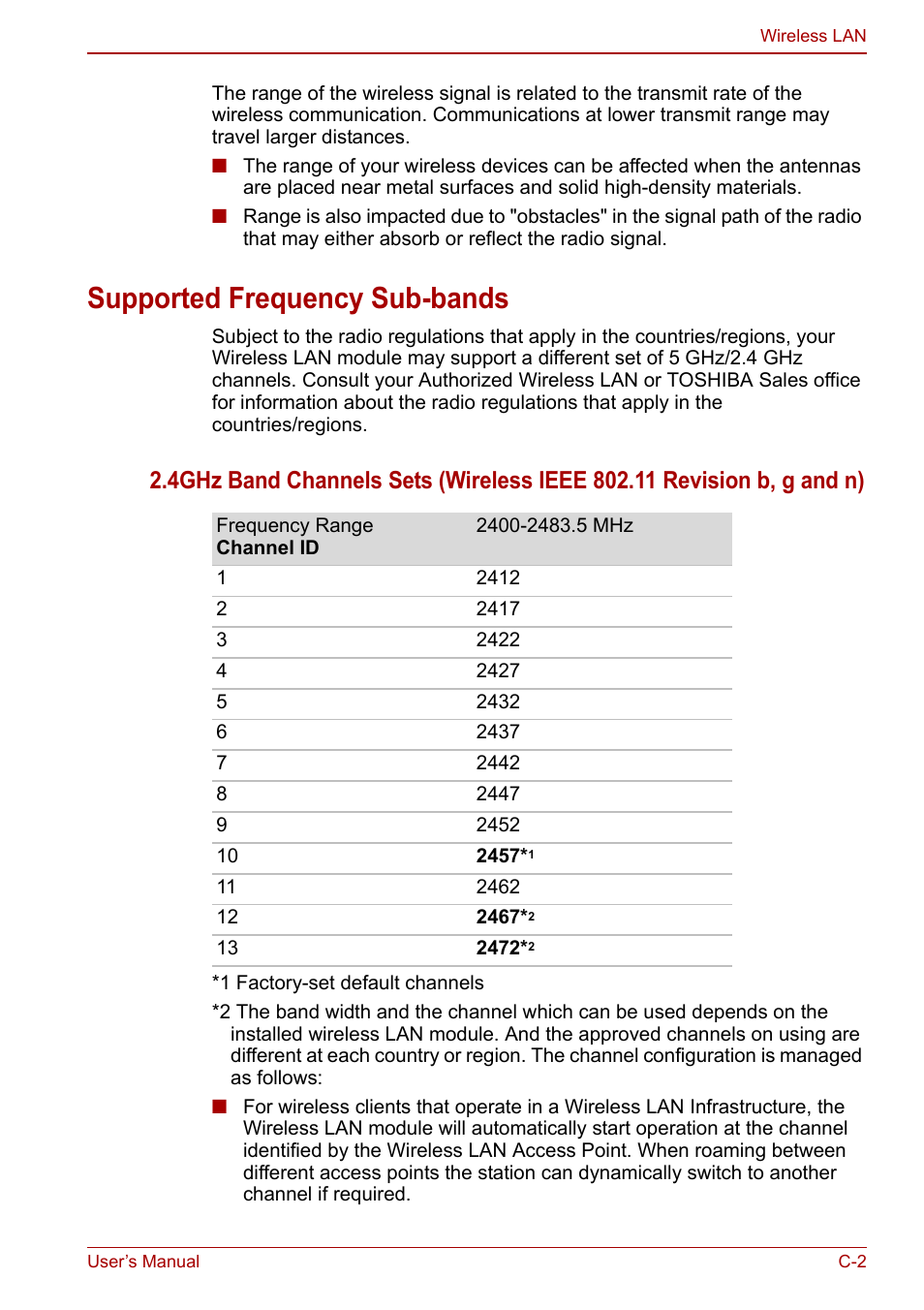 Supported frequency sub-bands | Toshiba Satellite Pro C660 User Manual | Page 130 / 144