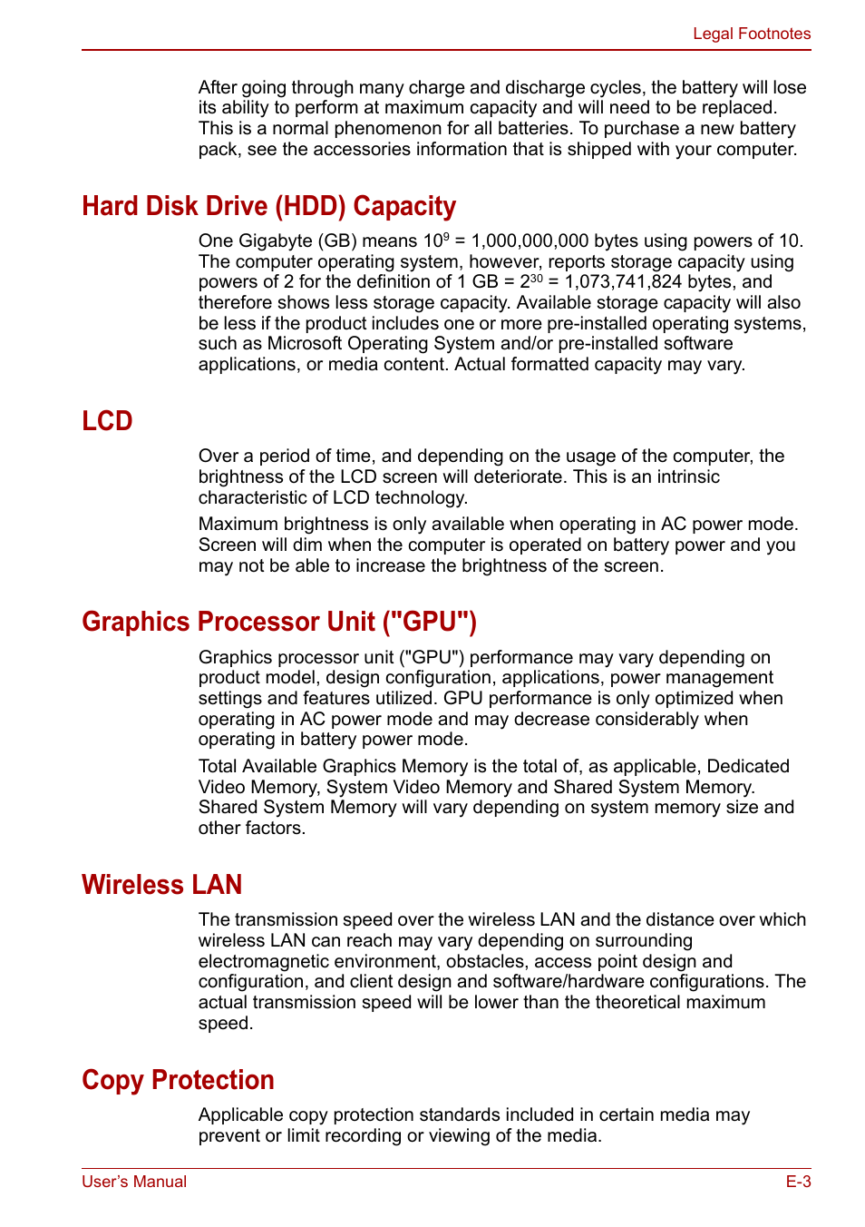 Hard disk drive (hdd) capacity, Graphics processor unit ("gpu"), Wireless lan | Copy protection | Toshiba Satellite Pro C660 User Manual | Page 137 / 144