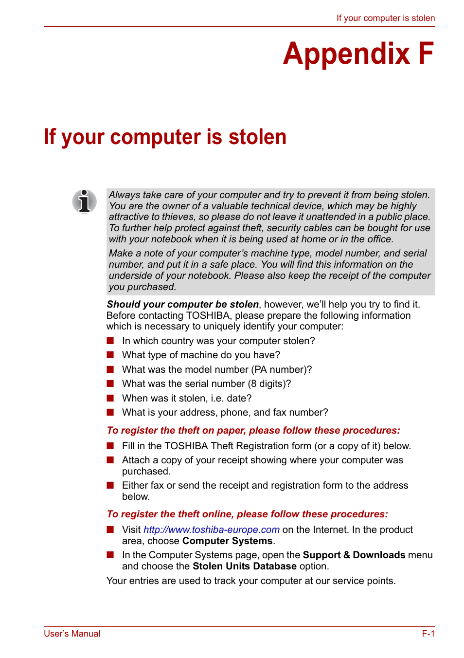 Appendix f: if your computer is stolen, Appendix f, If your computer is stolen | Toshiba Satellite Pro C660 User Manual | Page 138 / 144