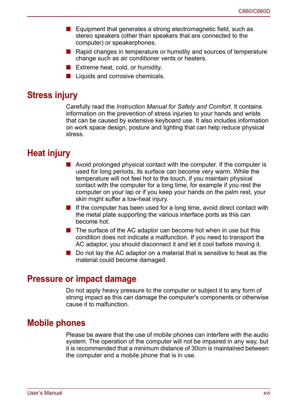 Stress injury, Heat injury, Pressure or impact damage | Mobile phones | Toshiba Satellite Pro C660 User Manual | Page 16 / 144