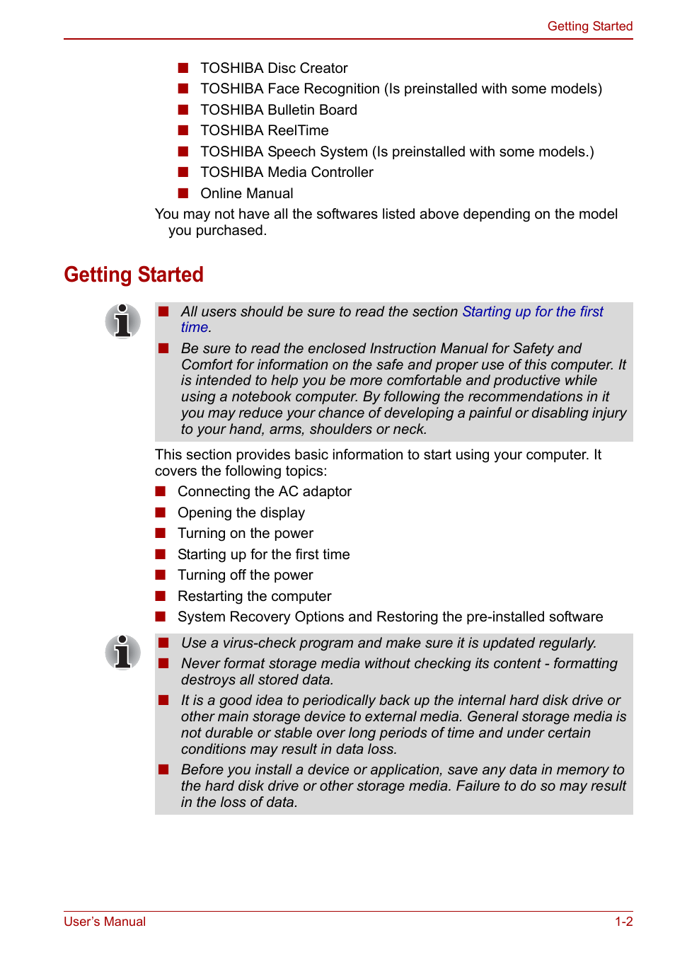 Getting started, Getting started -2 | Toshiba Satellite Pro C660 User Manual | Page 19 / 144