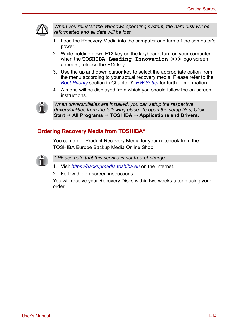 Ordering recovery media from toshiba | Toshiba Satellite Pro C660 User Manual | Page 31 / 144