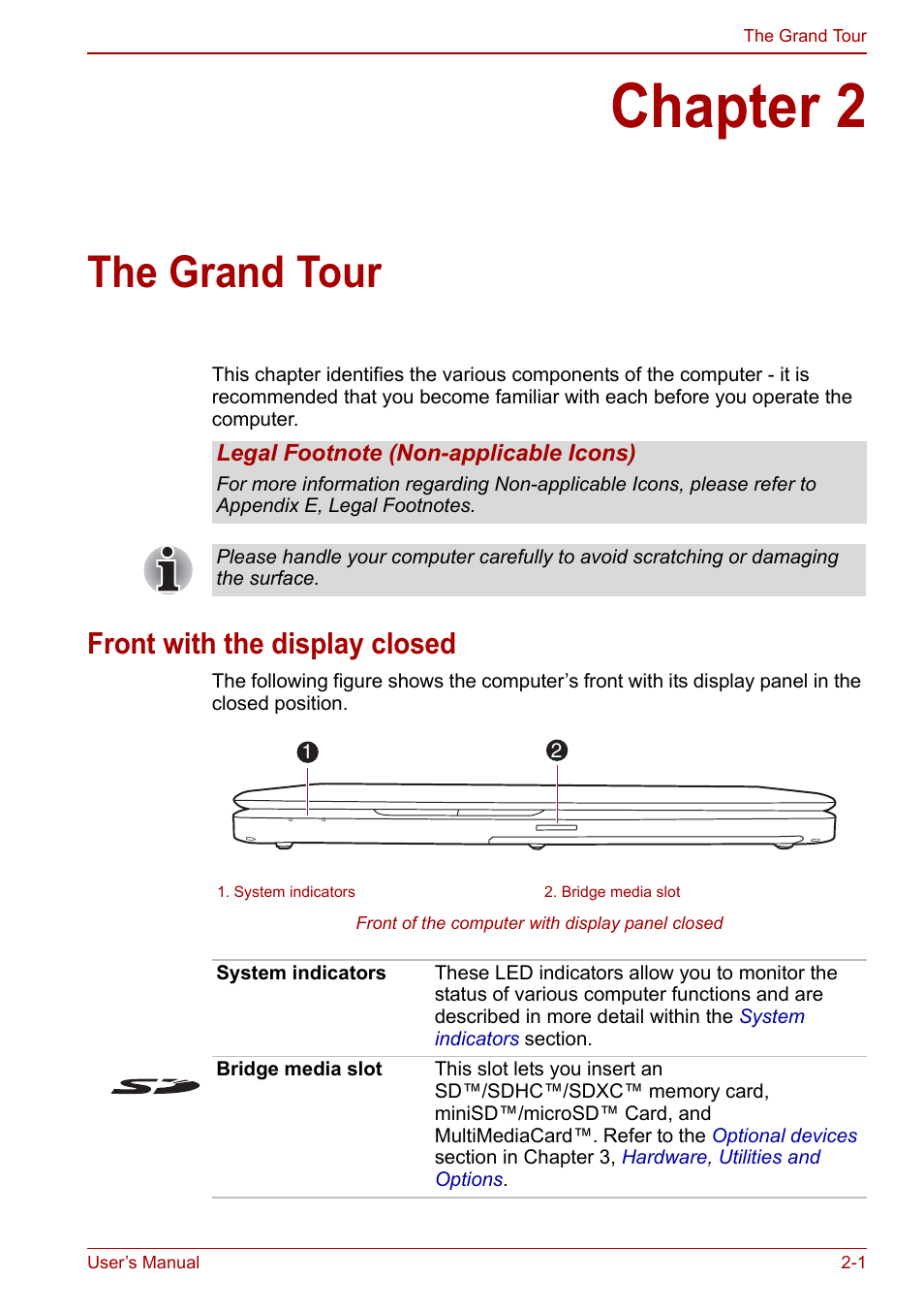 Chapter 2: the grand tour, Front with the display closed, Chapter 2 | The grand tour, Front with the display closed -1 | Toshiba Satellite Pro C660 User Manual | Page 32 / 144