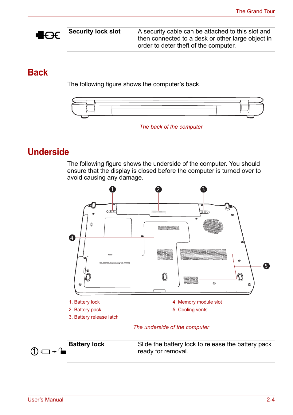 Back, Underside, Back -4 underside -4 | Toshiba Satellite Pro C660 User Manual | Page 35 / 144