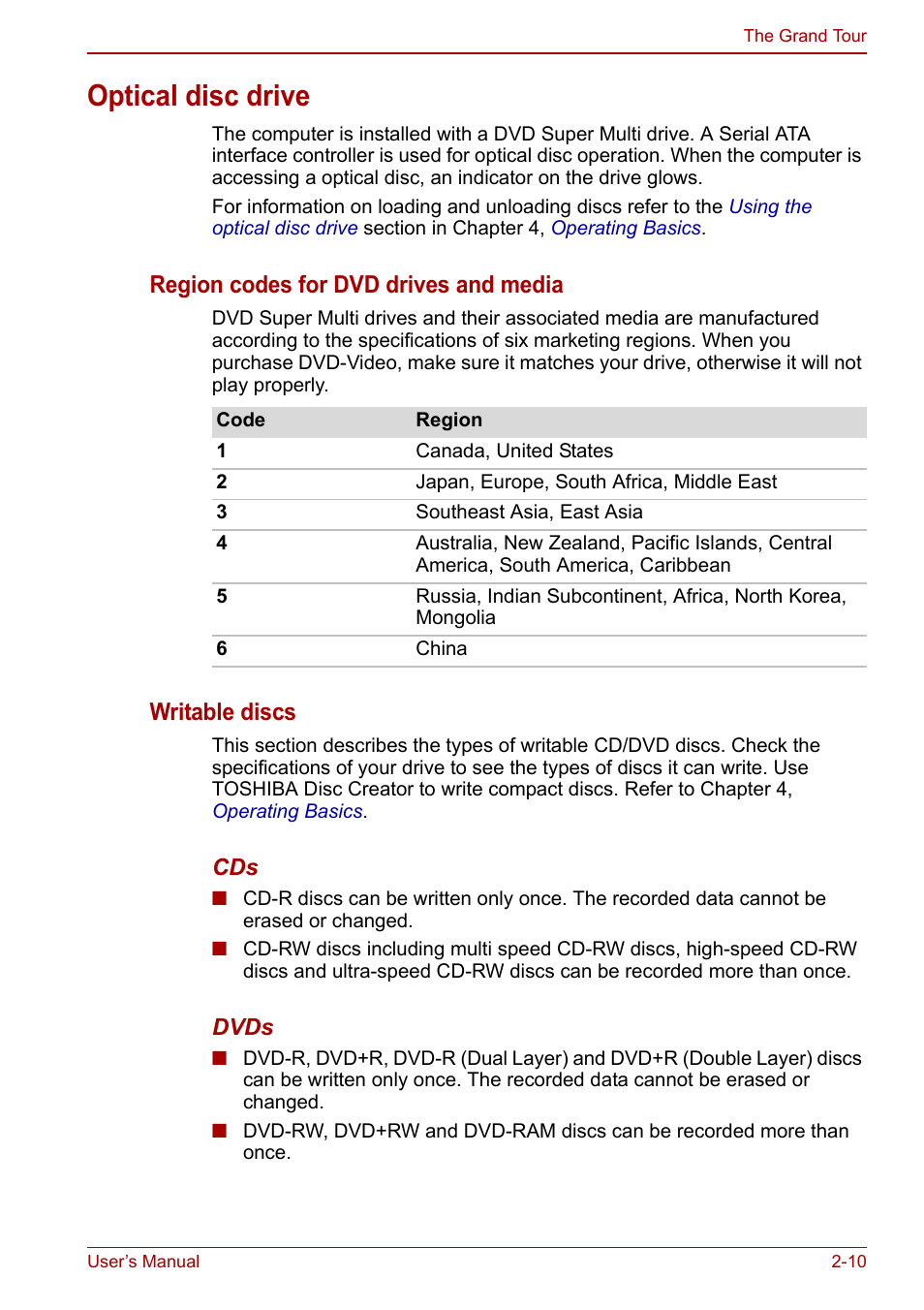 Optical disc drive, Region codes for dvd drives and media, Writable discs | Toshiba Satellite Pro C660 User Manual | Page 41 / 144
