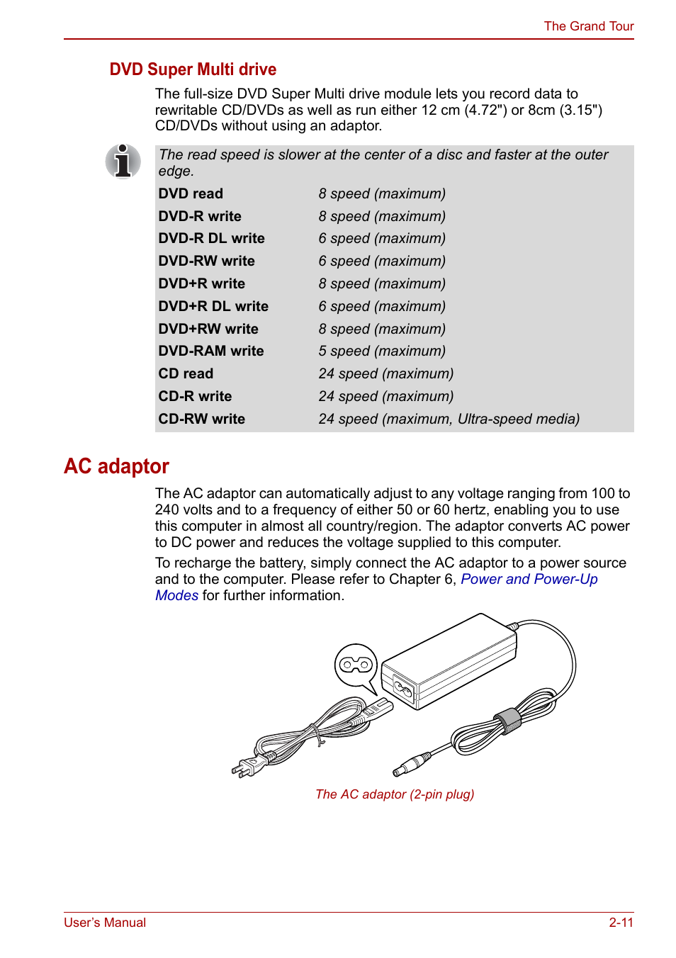 Ac adaptor, Ac adaptor -11, Dvd super multi drive | Toshiba Satellite Pro C660 User Manual | Page 42 / 144