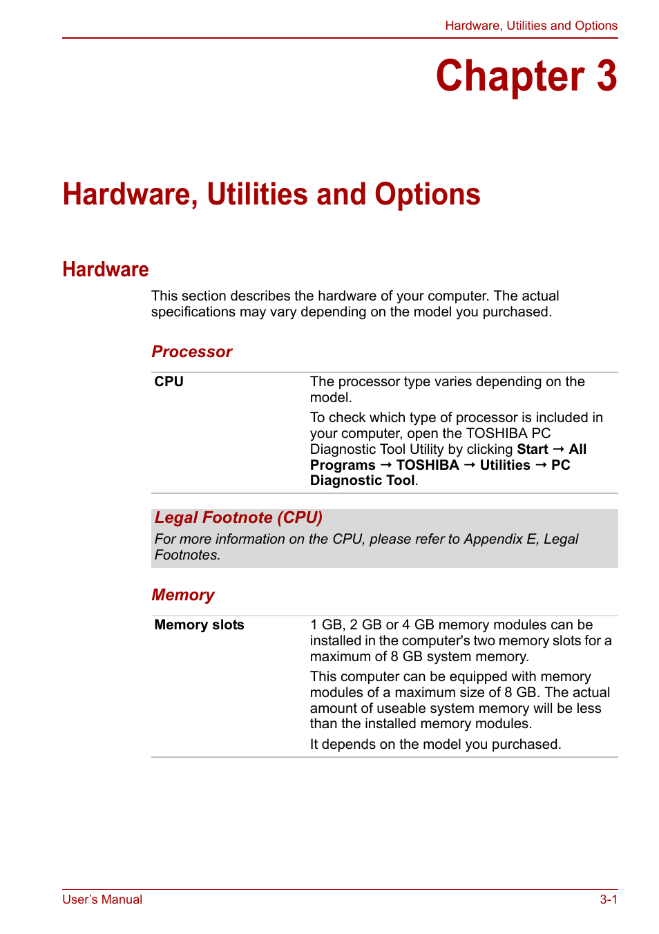 Chapter 3: hardware, utilities and options, Hardware, Chapter 3 | Hardware, utilities and options, Apter 3, Hardware, utilities and, Options, Ter 3 | Toshiba Satellite Pro C660 User Manual | Page 44 / 144