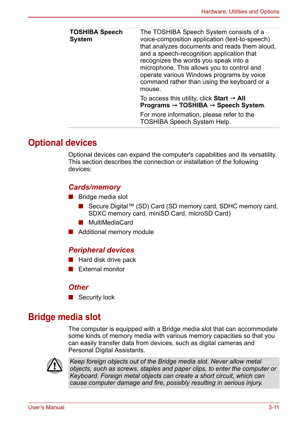Optional devices, Bridge media slot, Optional devices -11 bridge media slot -11 | Toshiba Satellite Pro C660 User Manual | Page 54 / 144