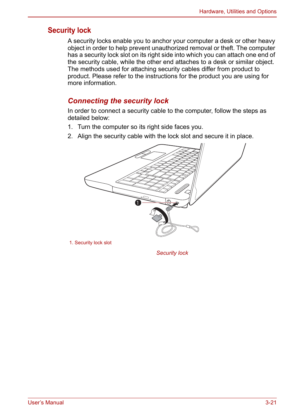 Security lock, Connecting the security lock | Toshiba Satellite Pro C660 User Manual | Page 64 / 144