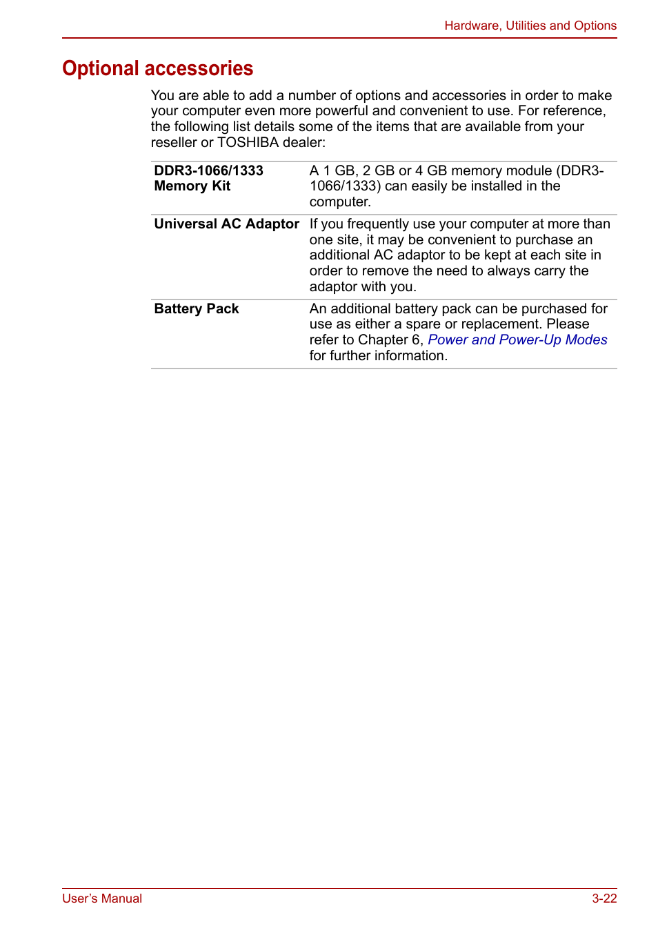 Optional accessories, Optional accessories -22 | Toshiba Satellite Pro C660 User Manual | Page 65 / 144