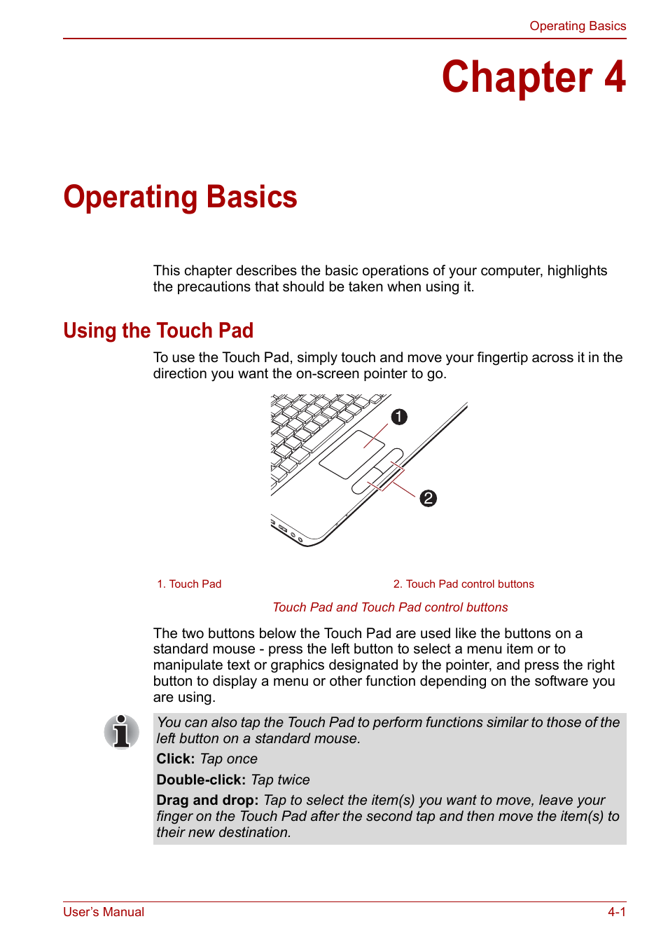 Chapter 4: operating basics, Using the touch pad, Chapter 4 | Operating basics, Using the touch pad -1, Operating, Basics, Using, The touch pad, Apter 4 | Toshiba Satellite Pro C660 User Manual | Page 66 / 144