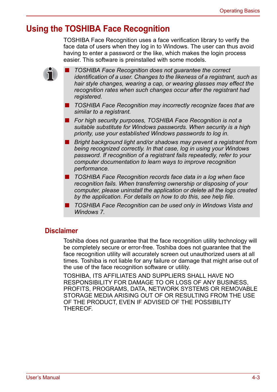 Using the toshiba face recognition, Using the toshiba face recognition -3, To the | Using, The toshiba face recognition, Section, Disclaimer | Toshiba Satellite Pro C660 User Manual | Page 68 / 144
