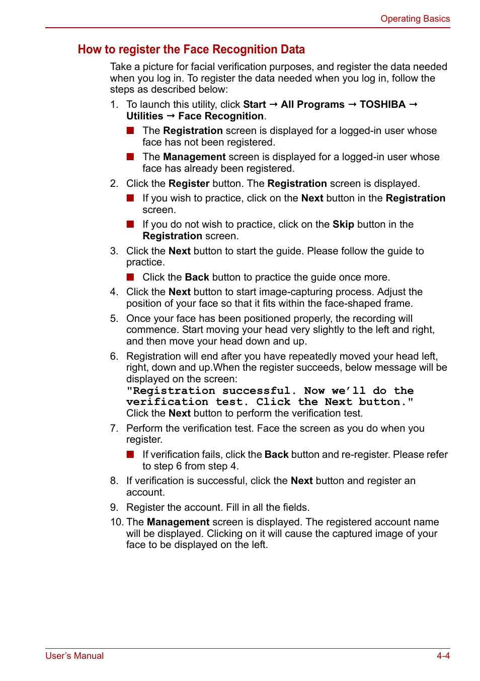 How to register the face recognition data | Toshiba Satellite Pro C660 User Manual | Page 69 / 144