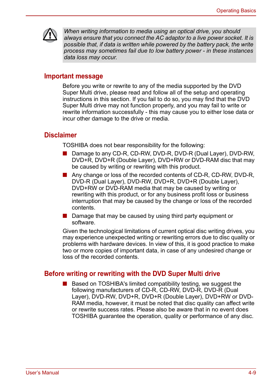 Important message, Disclaimer | Toshiba Satellite Pro C660 User Manual | Page 74 / 144