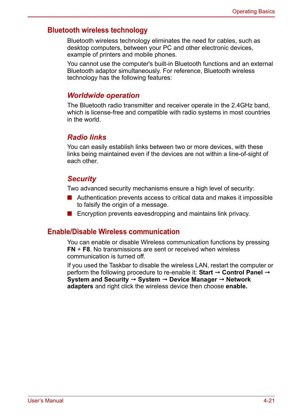 Bluetooth wireless technology, Enable/disable wireless communication | Toshiba Satellite Pro C660 User Manual | Page 86 / 144