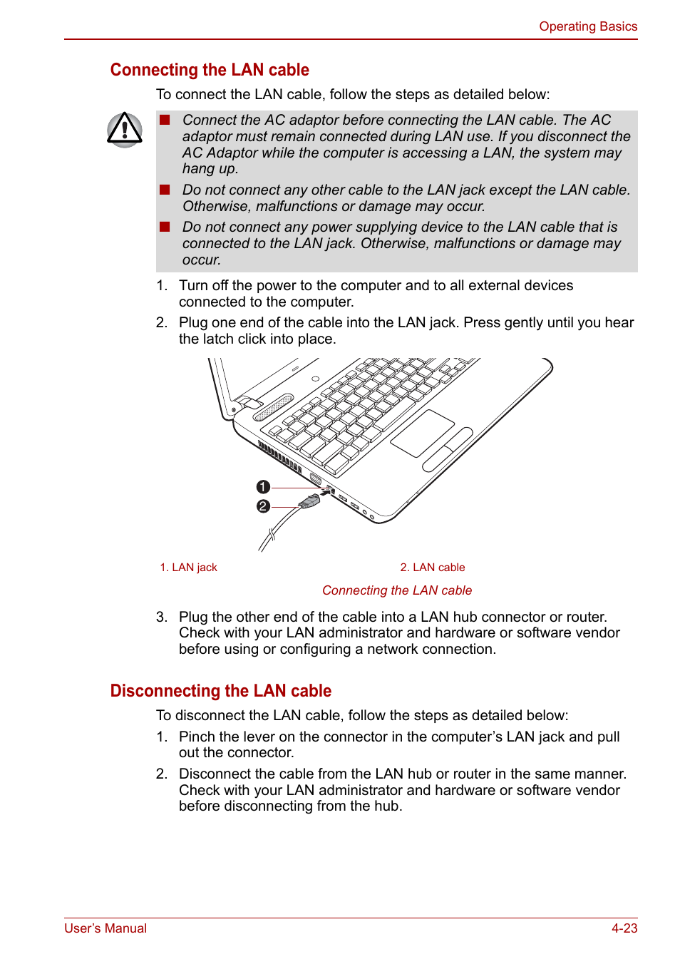 Connecting the lan cable, Disconnecting the lan cable | Toshiba Satellite Pro C660 User Manual | Page 88 / 144