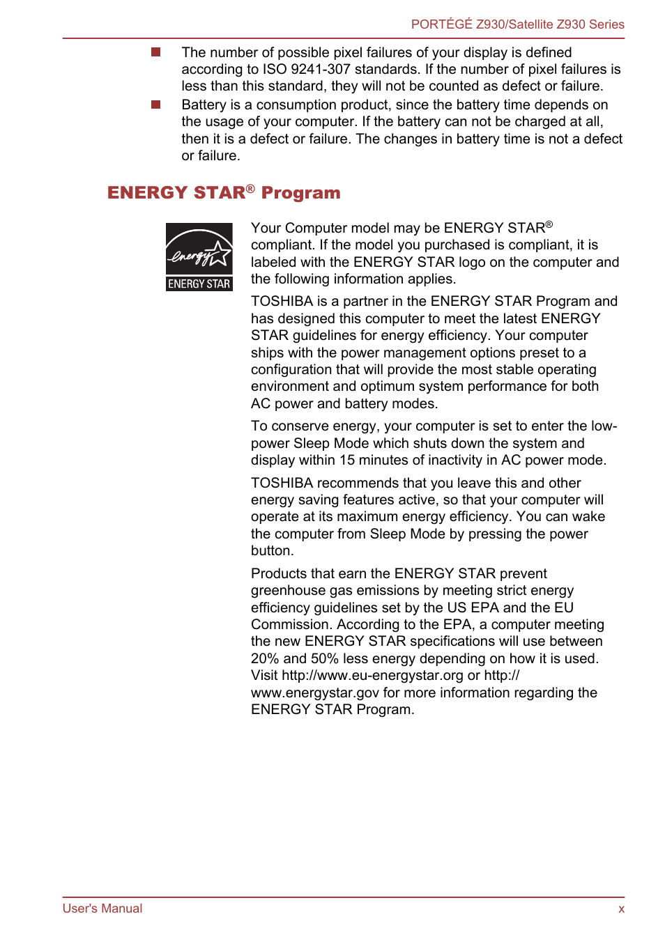 Energy star, Program | Toshiba Portege Z930-K User Manual | Page 10 / 138