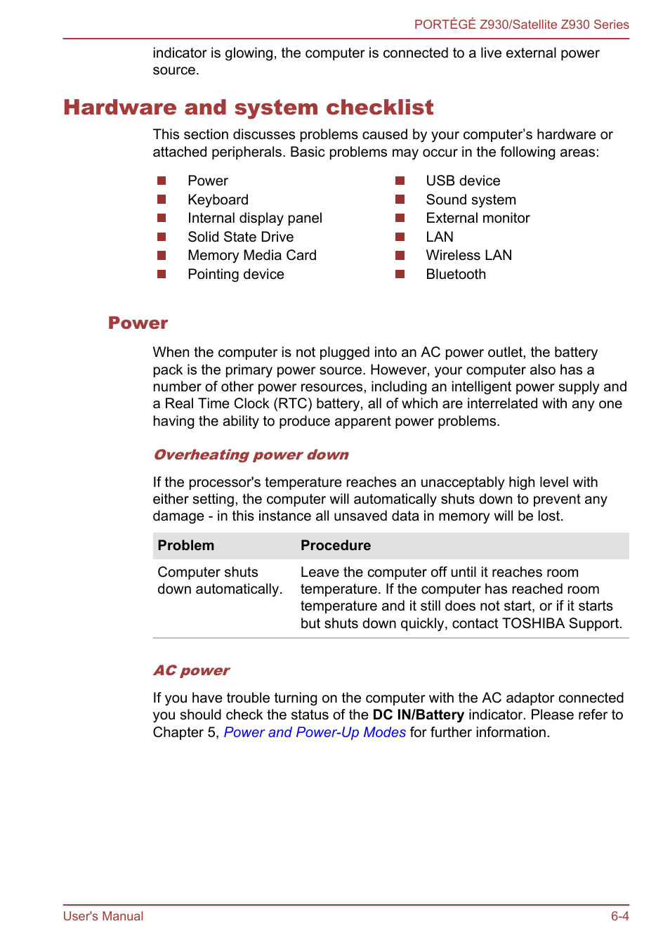 Hardware and system checklist, Power, Hardware and system checklist -4 | Toshiba Portege Z930-K User Manual | Page 105 / 138