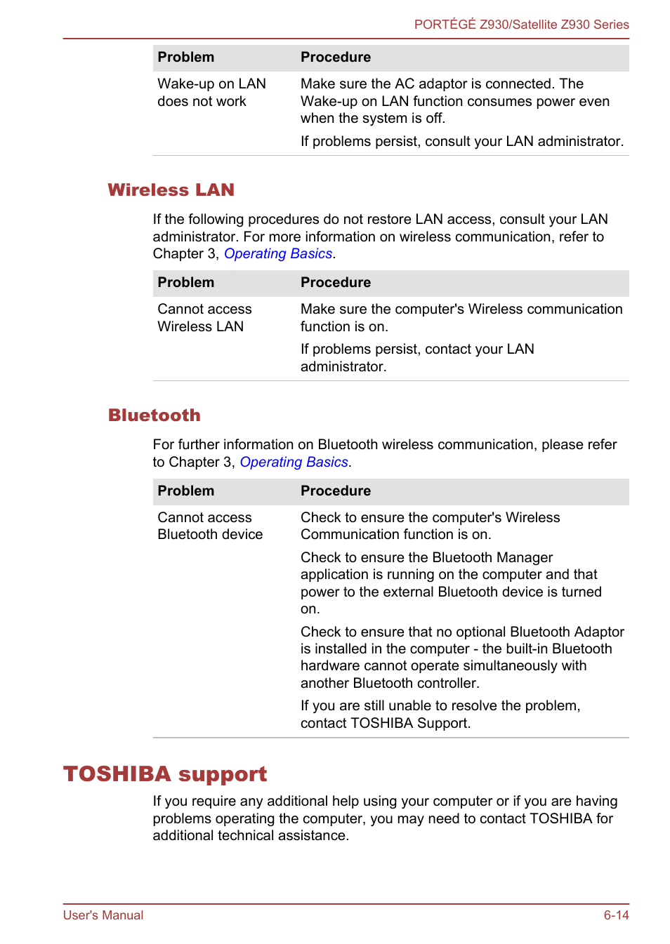 Wireless lan, Bluetooth, Toshiba support | Toshiba support -14 | Toshiba Portege Z930-K User Manual | Page 115 / 138