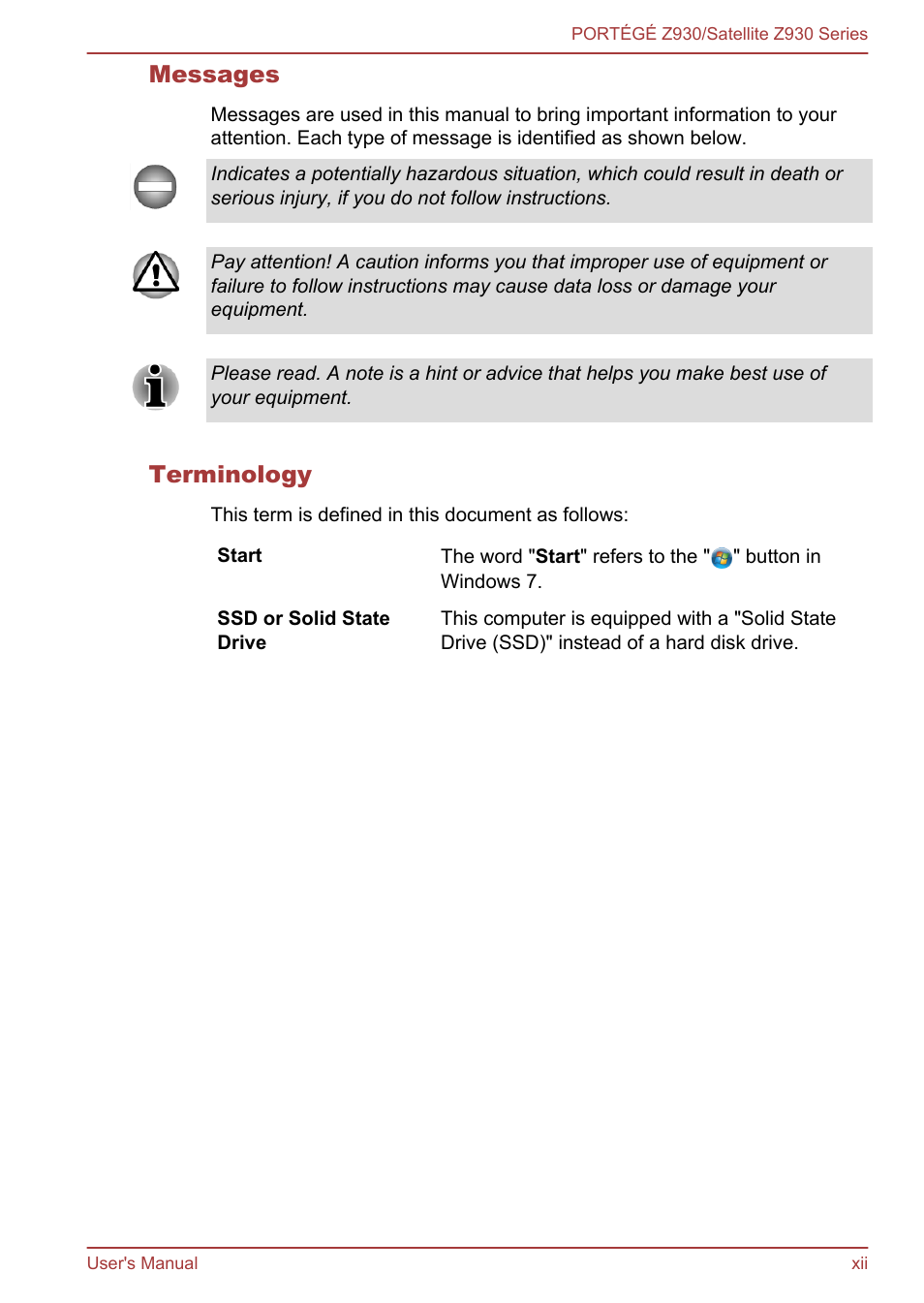 Messages, Terminology | Toshiba Portege Z930-K User Manual | Page 12 / 138