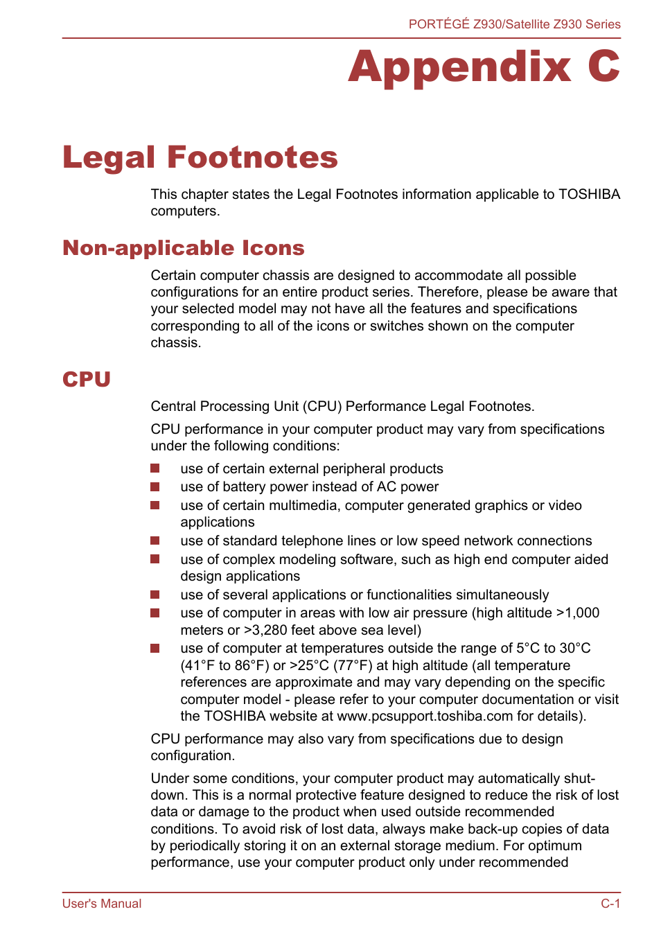 Appendix c legal footnotes, Non-applicable icons, Appendix c | Legal footnotes | Toshiba Portege Z930-K User Manual | Page 121 / 138