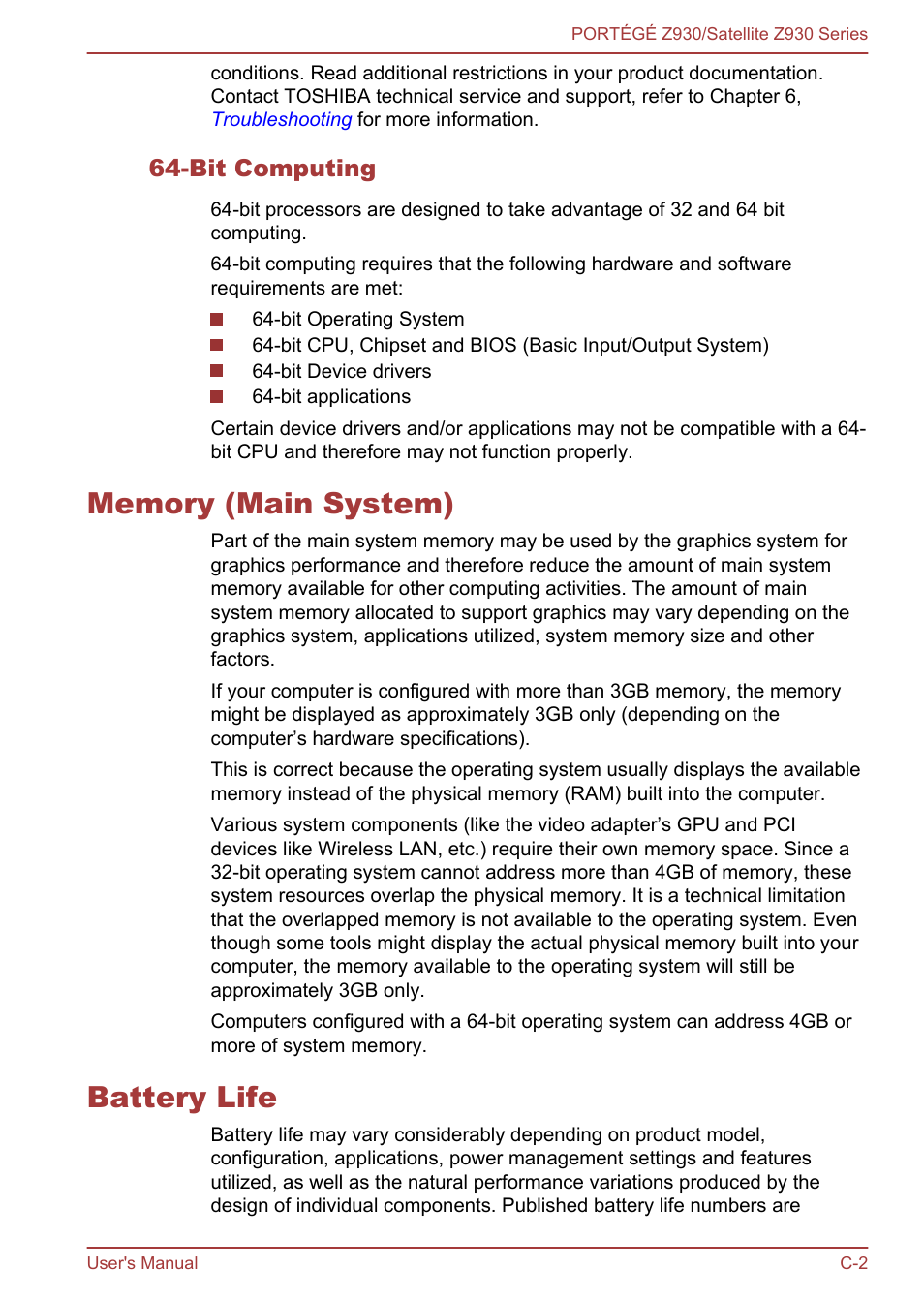 Bit computing, Memory (main system), Battery life | Toshiba Portege Z930-K User Manual | Page 122 / 138