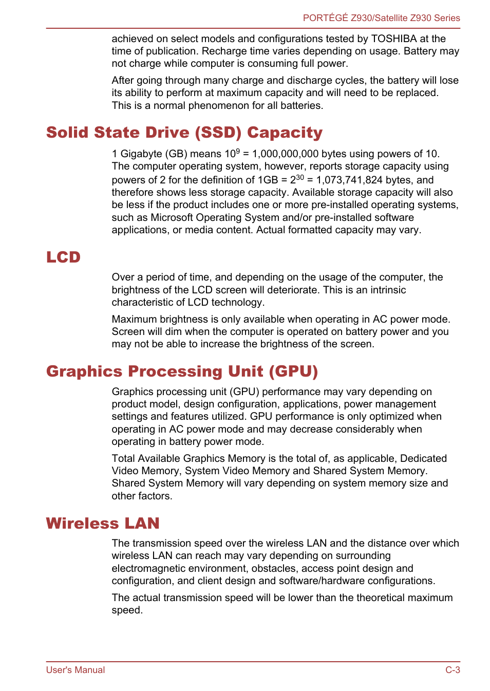 Solid state drive (ssd) capacity, Graphics processing unit (gpu), Wireless lan | Toshiba Portege Z930-K User Manual | Page 123 / 138