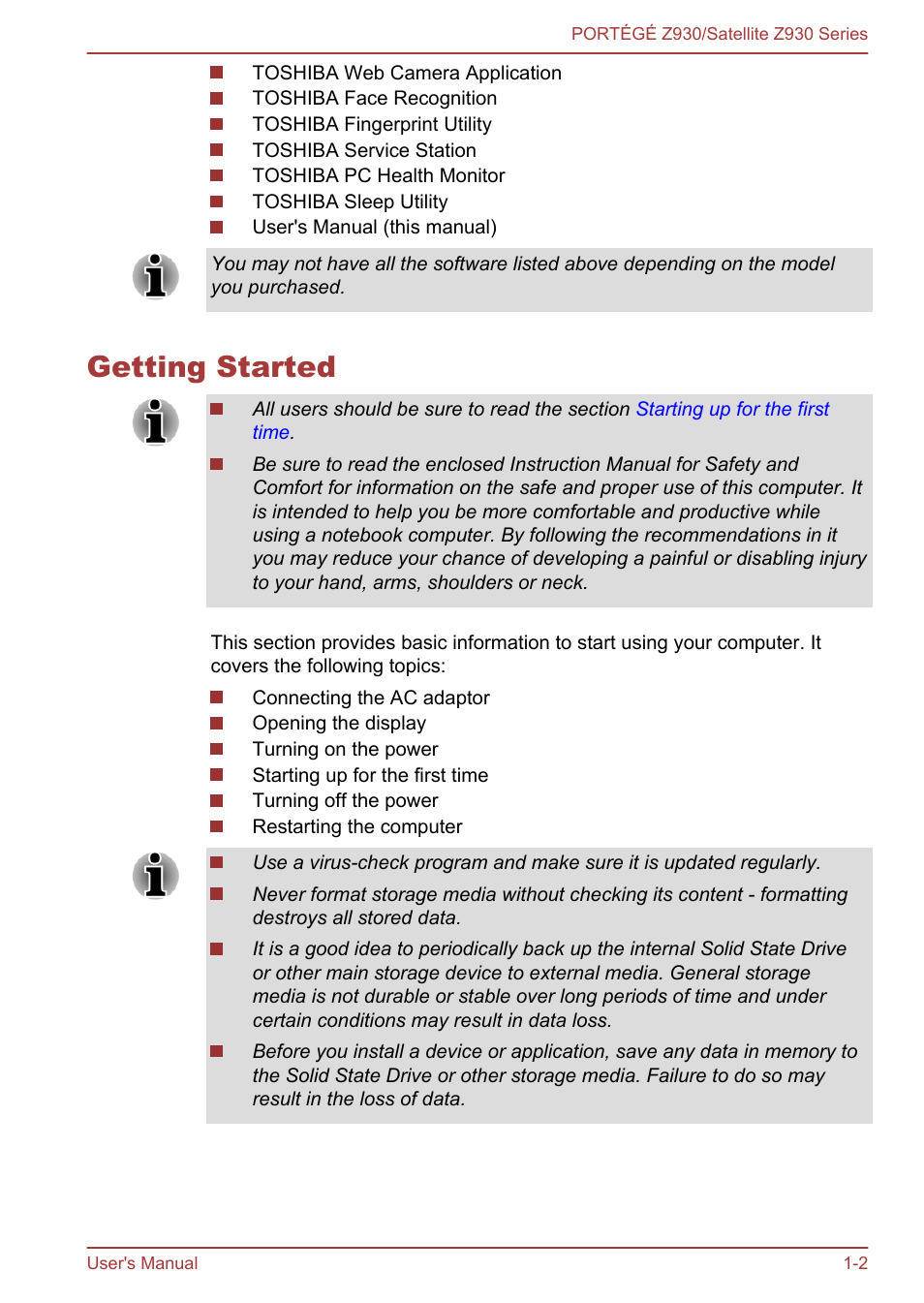 Getting started, Getting started -2 | Toshiba Portege Z930-K User Manual | Page 16 / 138