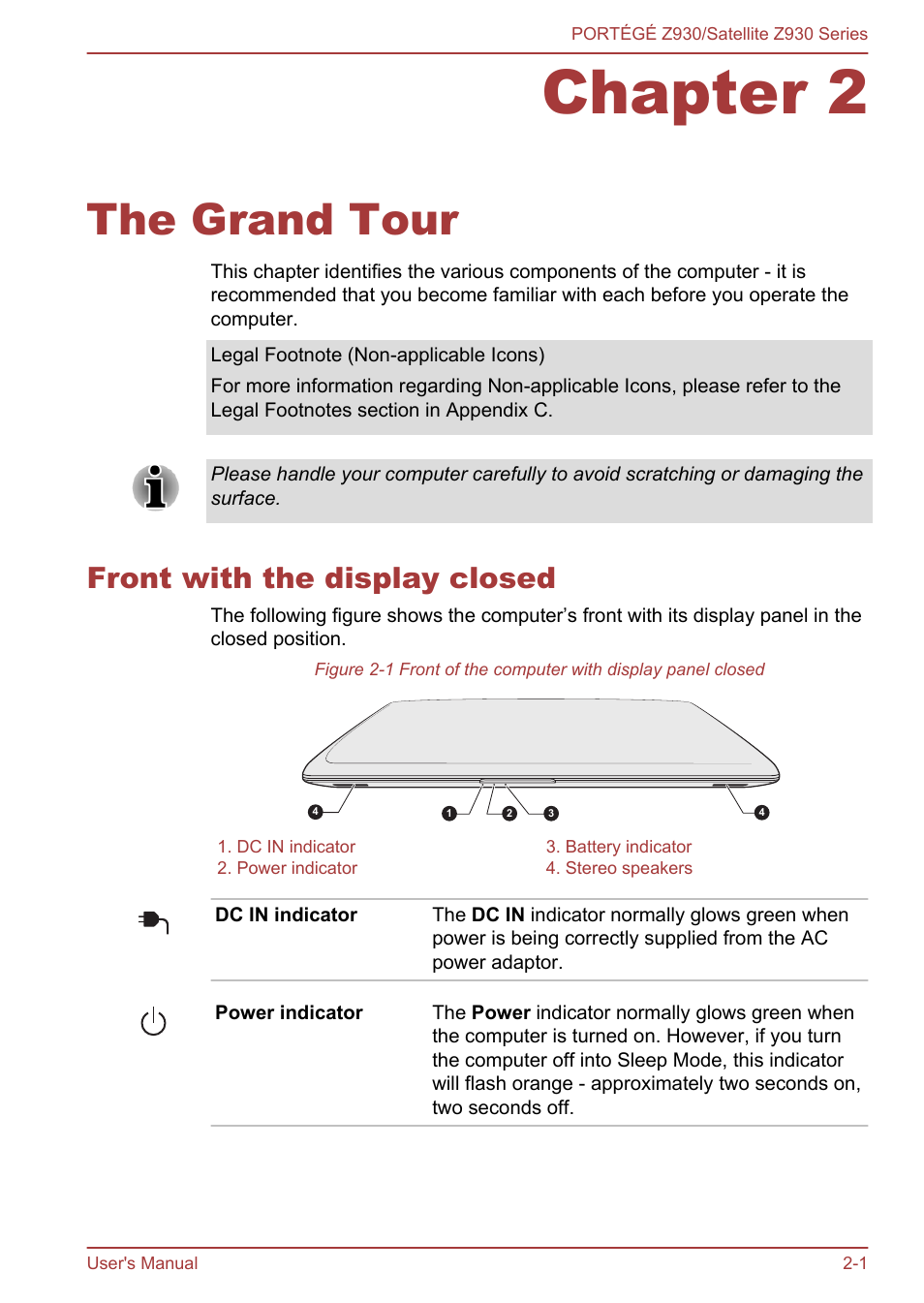Chapter 2 the grand tour, Front with the display closed, Chapter 2 | The grand tour, Front with the display closed -1 | Toshiba Portege Z930-K User Manual | Page 25 / 138