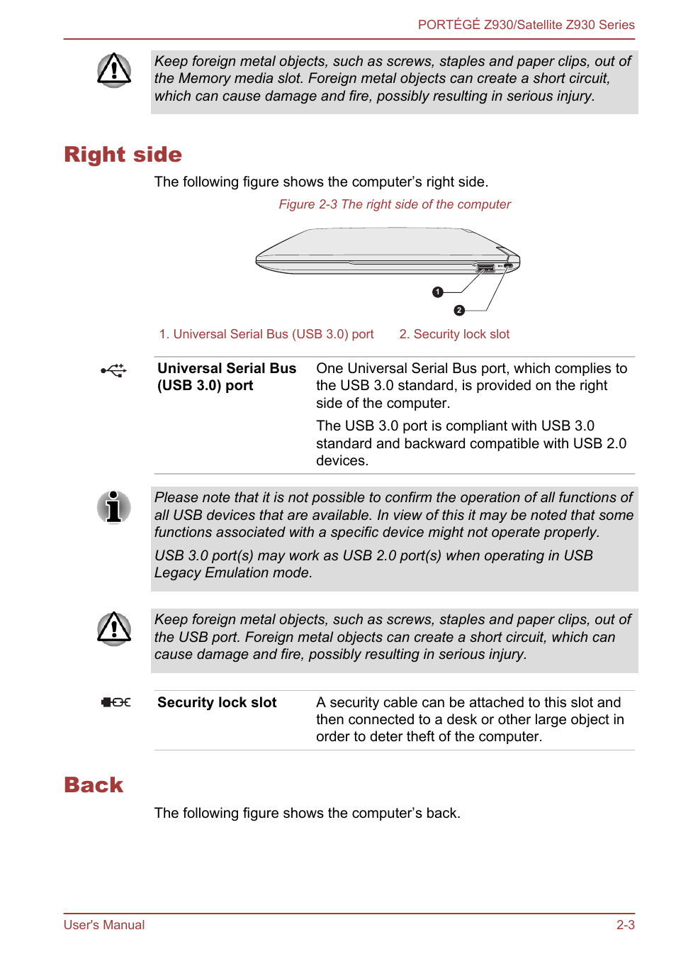 Right side, Back, Right side -3 back -3 | Toshiba Portege Z930-K User Manual | Page 27 / 138