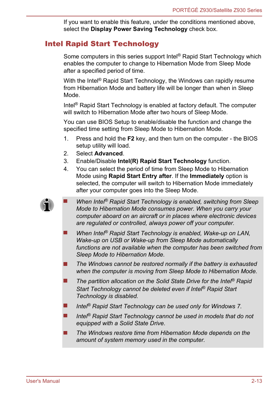Intel rapid start technology | Toshiba Portege Z930-K User Manual | Page 37 / 138