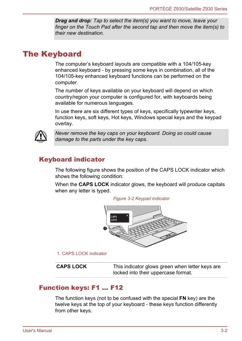 The keyboard, Keyboard indicator, Function keys: f1 … f12 | The keyboard -2 | Toshiba Portege Z930-K User Manual | Page 39 / 138