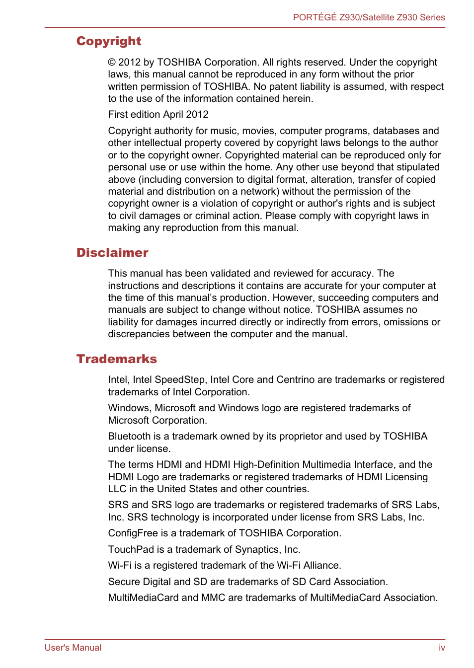 Toshiba Portege Z930-K User Manual | Page 4 / 138