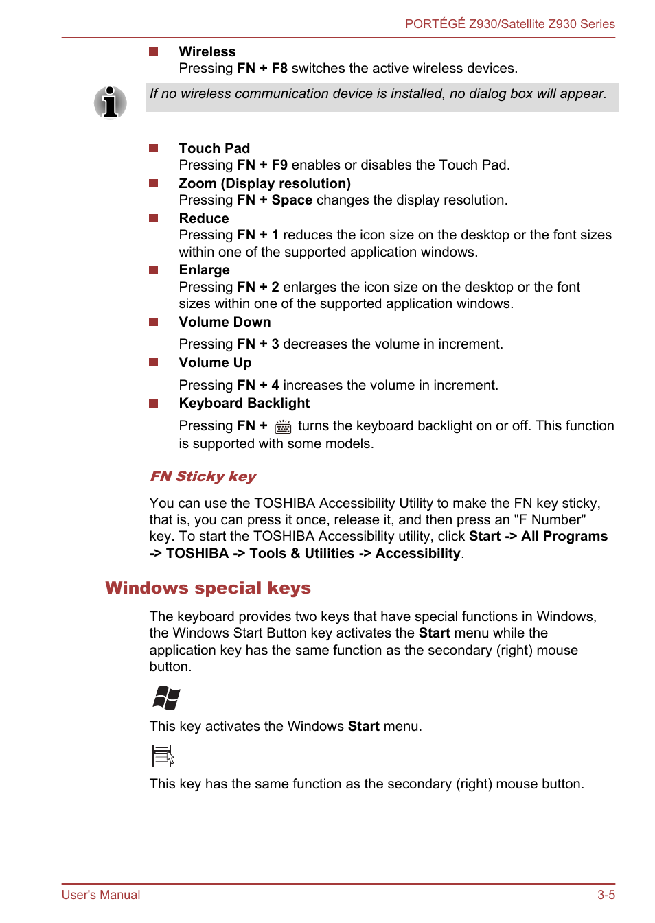 Windows special keys | Toshiba Portege Z930-K User Manual | Page 42 / 138