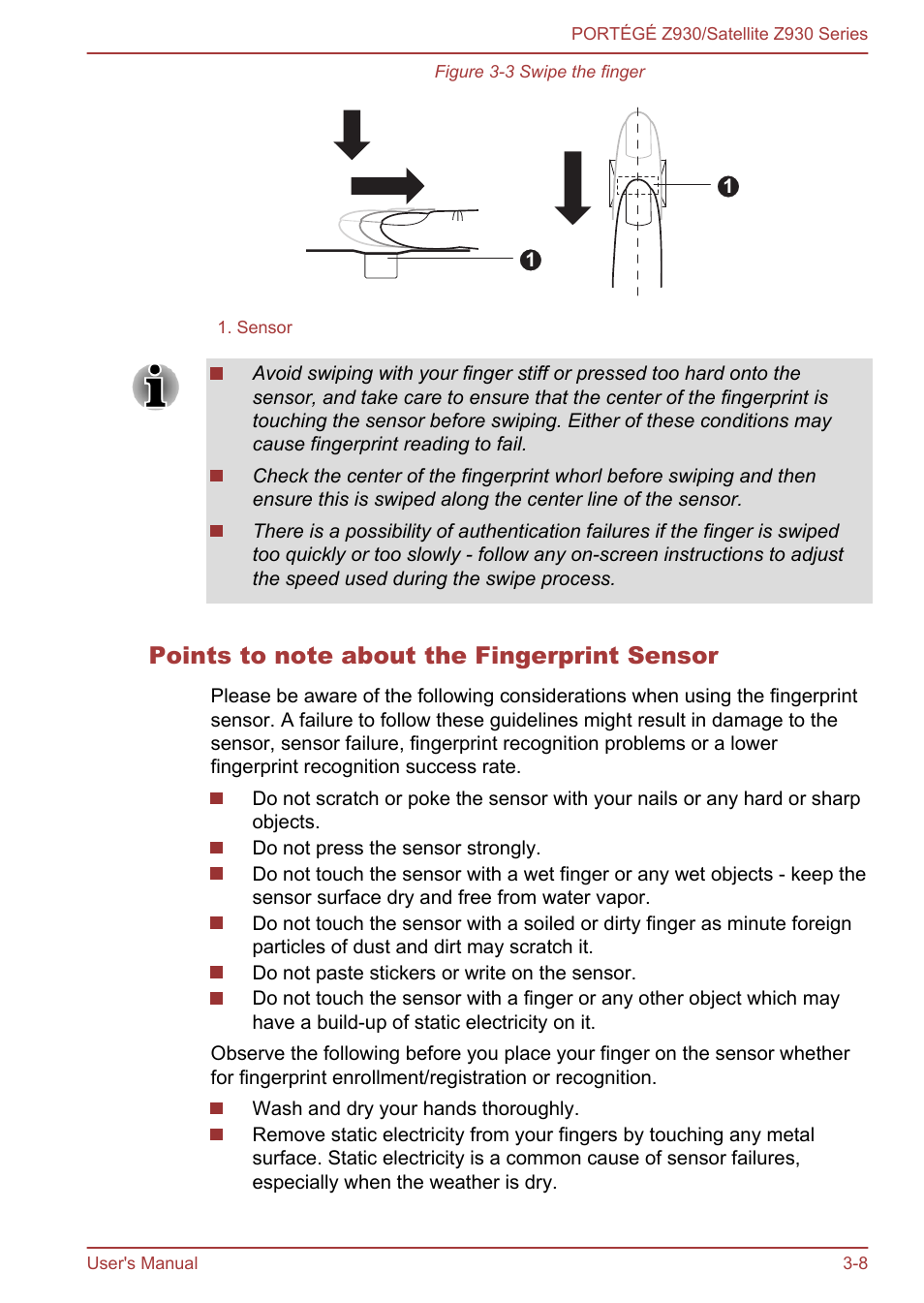 Points to note about the fingerprint sensor | Toshiba Portege Z930-K User Manual | Page 45 / 138