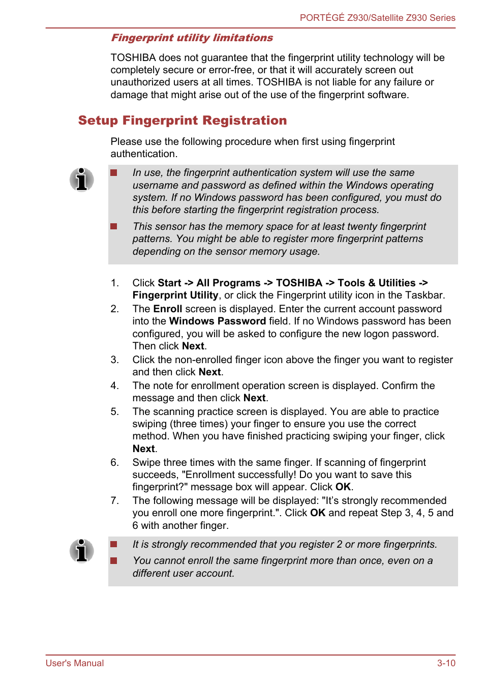 Setup fingerprint registration | Toshiba Portege Z930-K User Manual | Page 47 / 138