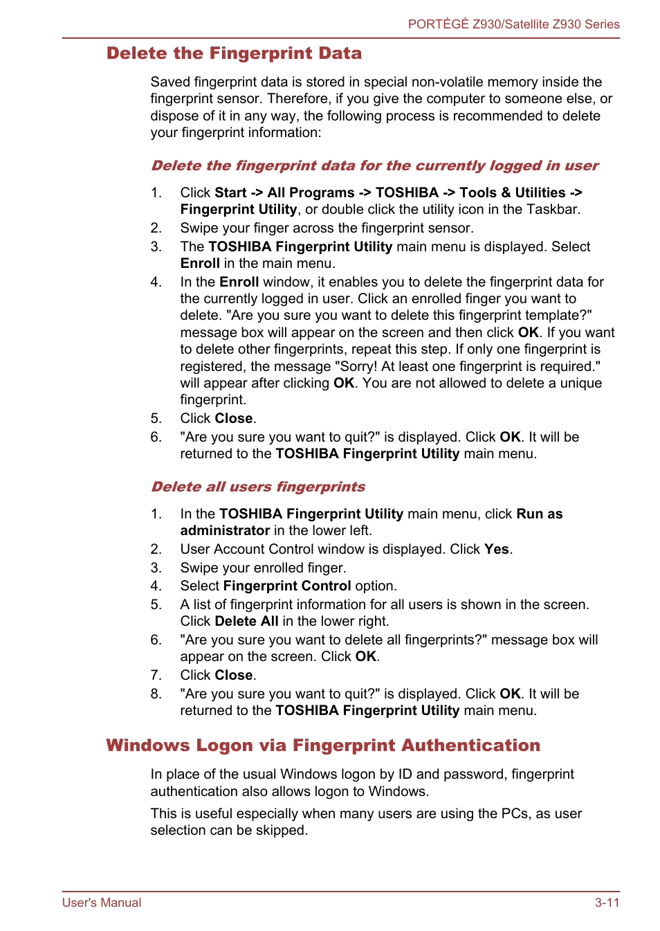 Delete the fingerprint data, Windows logon via fingerprint authentication | Toshiba Portege Z930-K User Manual | Page 48 / 138