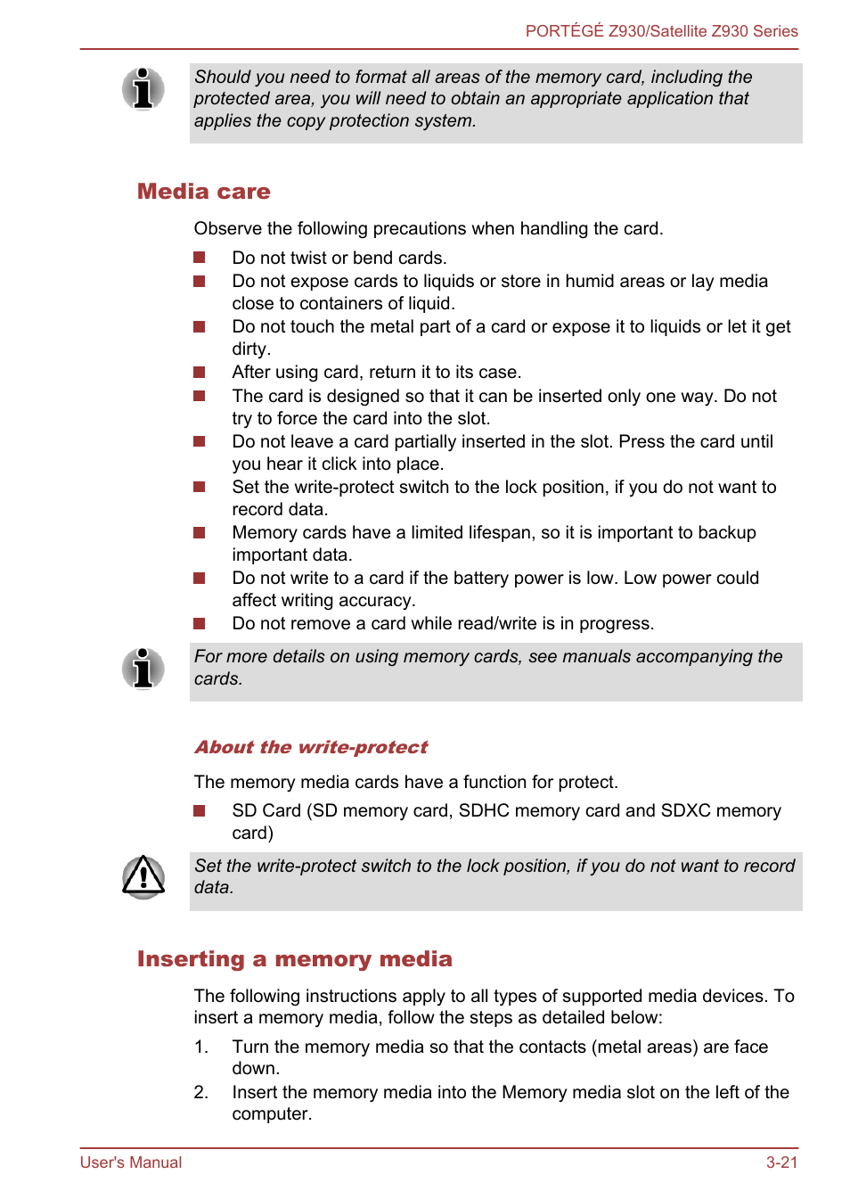 Media care, Inserting a memory media | Toshiba Portege Z930-K User Manual | Page 58 / 138
