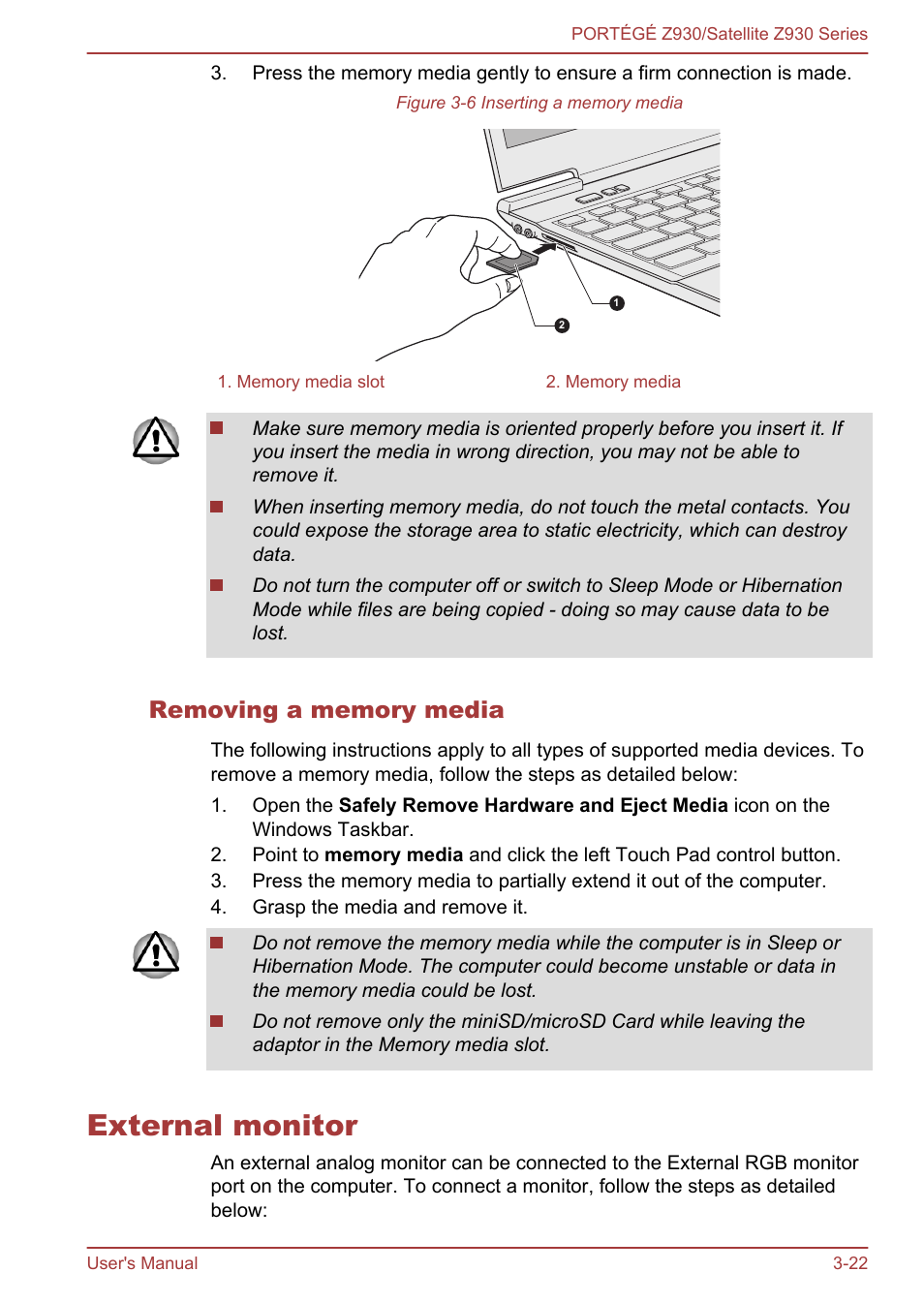 Removing a memory media, External monitor, External monitor -22 | Toshiba Portege Z930-K User Manual | Page 59 / 138