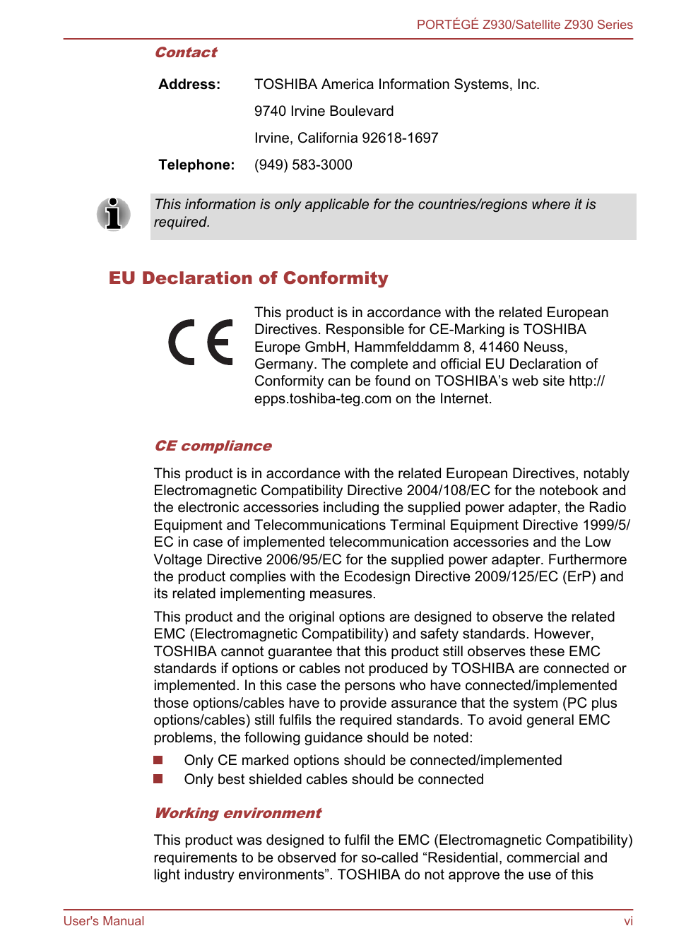 Eu declaration of conformity | Toshiba Portege Z930-K User Manual | Page 6 / 138
