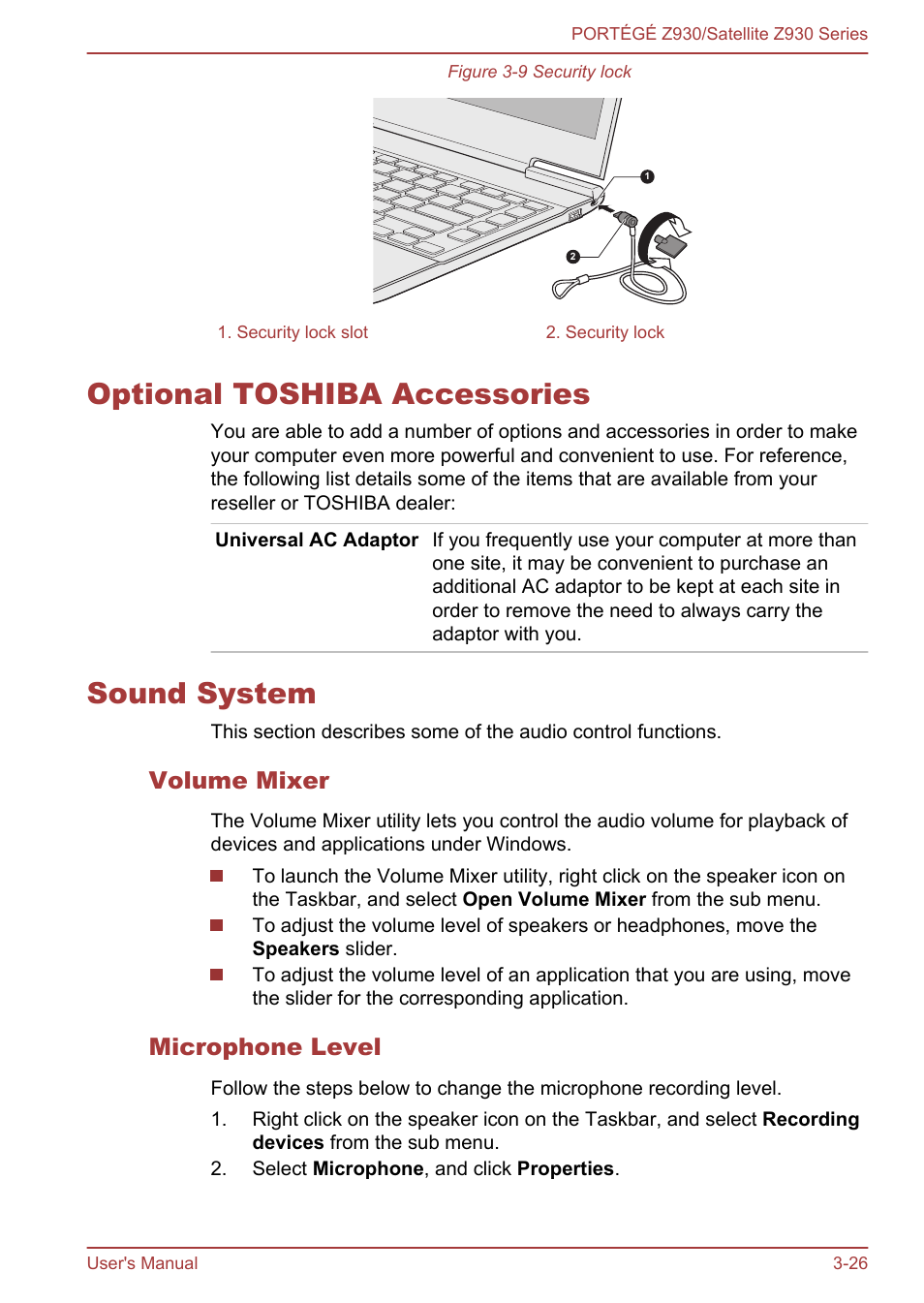 Optional toshiba accessories, Sound system, Volume mixer | Microphone level, Optional toshiba accessories -26 sound system -26, To the, Section in chapter 3 | Toshiba Portege Z930-K User Manual | Page 63 / 138