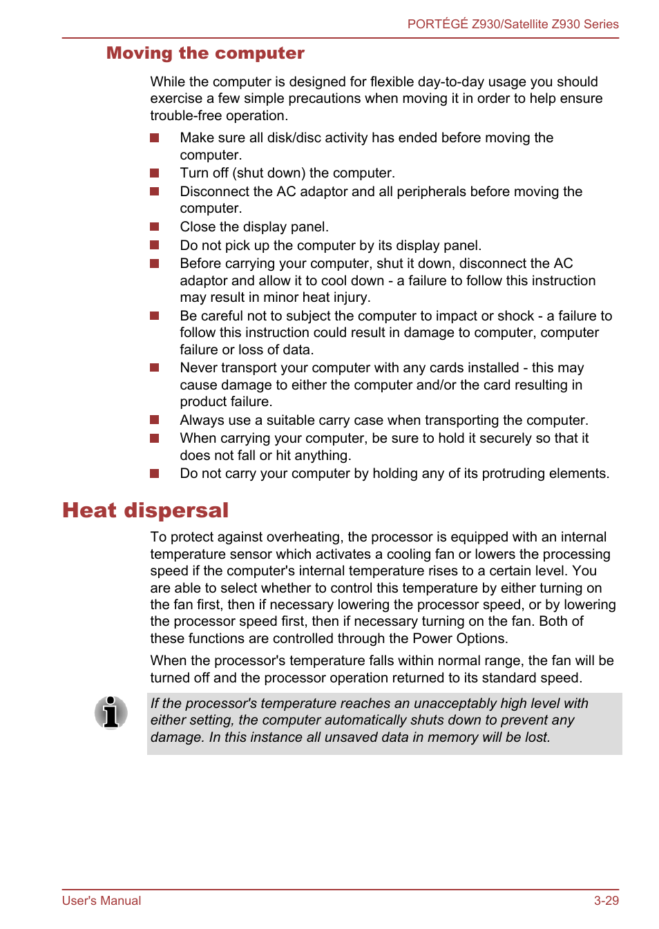 Moving the computer, Heat dispersal, Heat dispersal -29 | Toshiba Portege Z930-K User Manual | Page 66 / 138