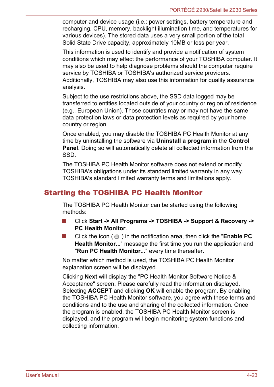 Starting the toshiba pc health monitor | Toshiba Portege Z930-K User Manual | Page 89 / 138