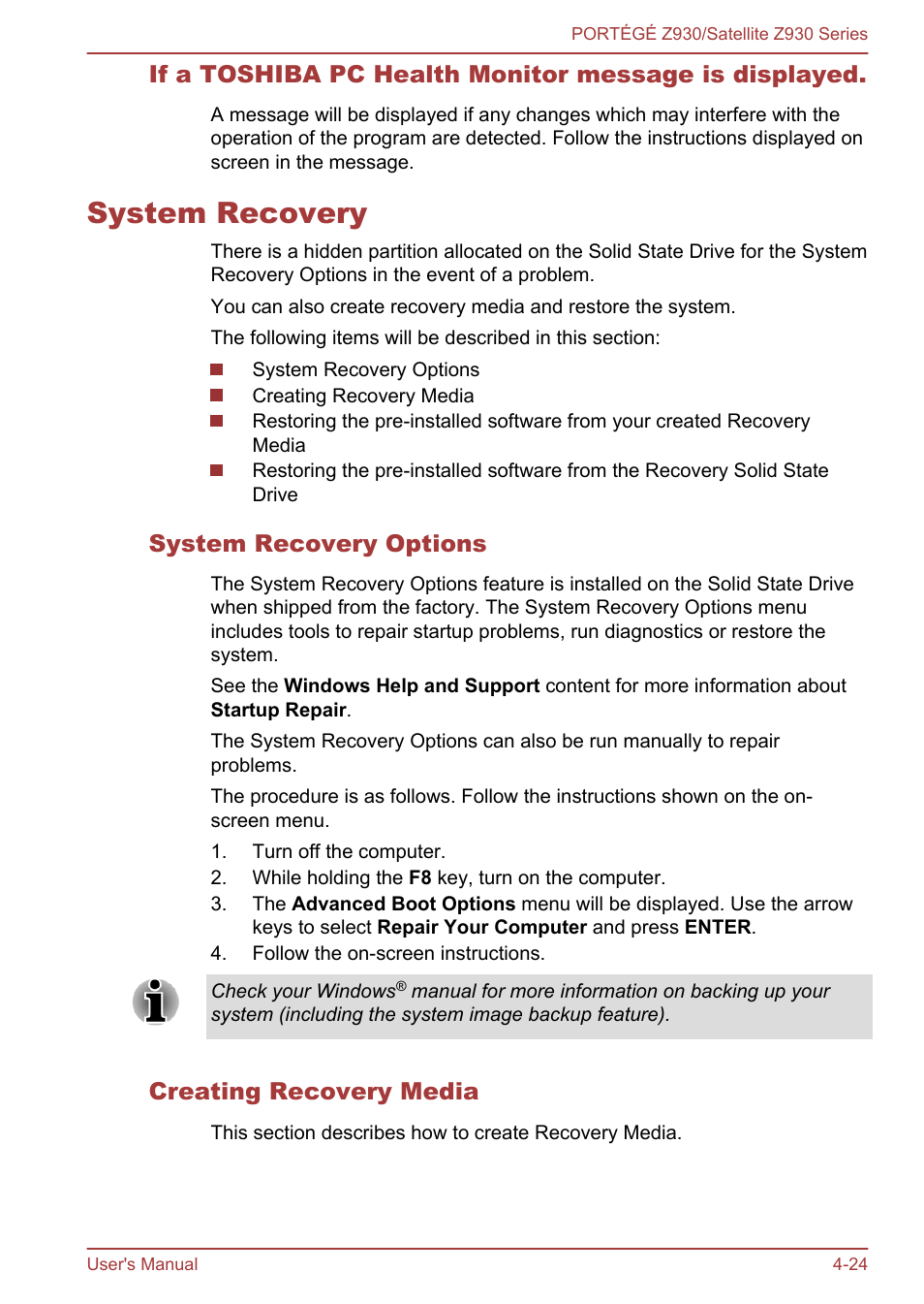 System recovery, System recovery options, Creating recovery media | System recovery -24 | Toshiba Portege Z930-K User Manual | Page 90 / 138