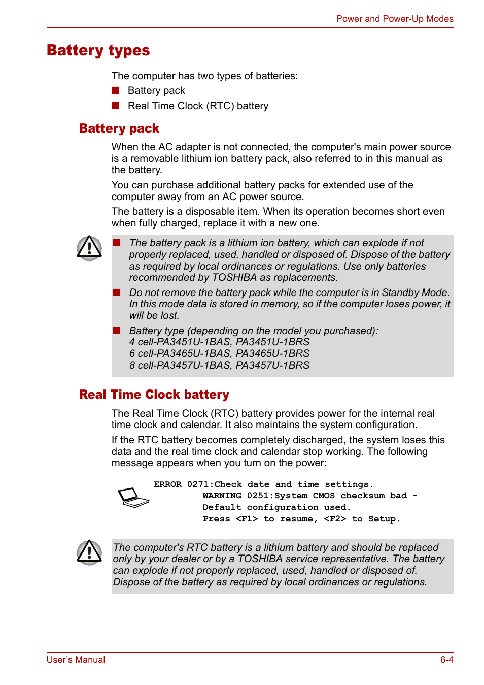 Battery types, Battery types -4, Battery pack | Real time clock battery | Toshiba Satellite Pro M50 User Manual | Page 100 / 158