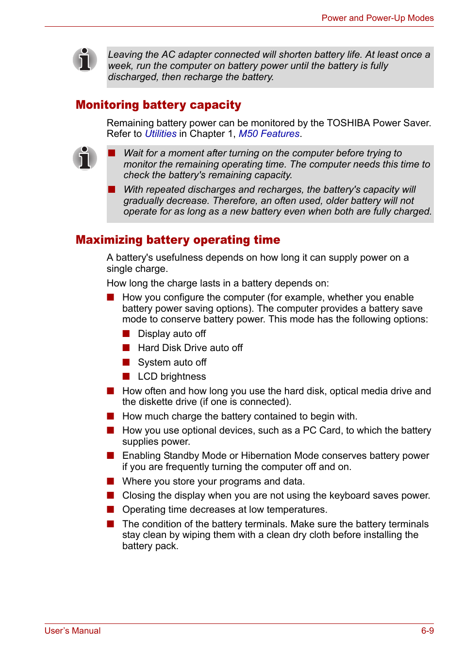 Monitoring battery capacity, Maximizing battery operating time | Toshiba Satellite Pro M50 User Manual | Page 105 / 158