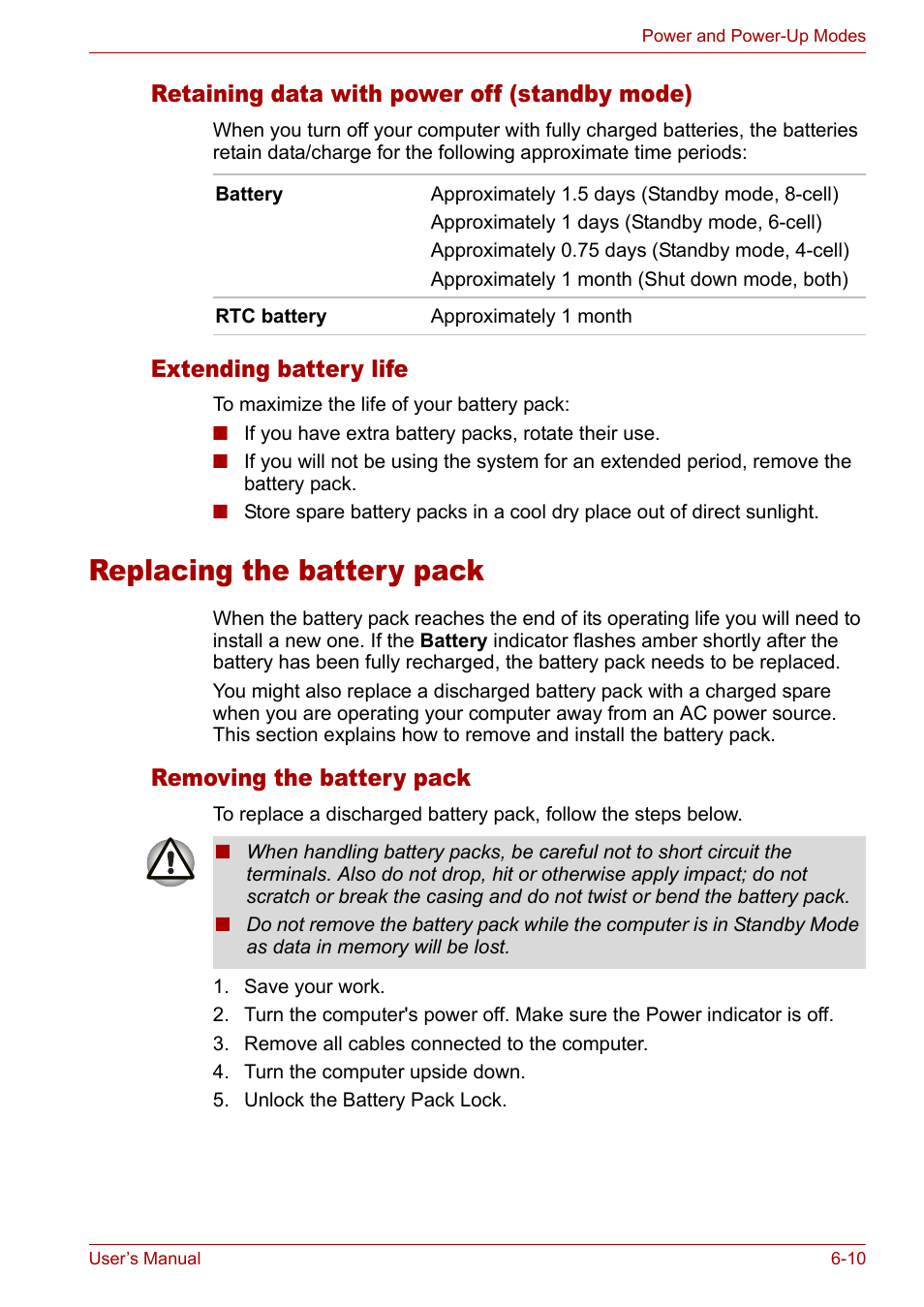 Replacing the battery pack, Replacing the battery pack -10, Retaining data with power off (standby mode) | Extending battery life, Removing the battery pack | Toshiba Satellite Pro M50 User Manual | Page 106 / 158