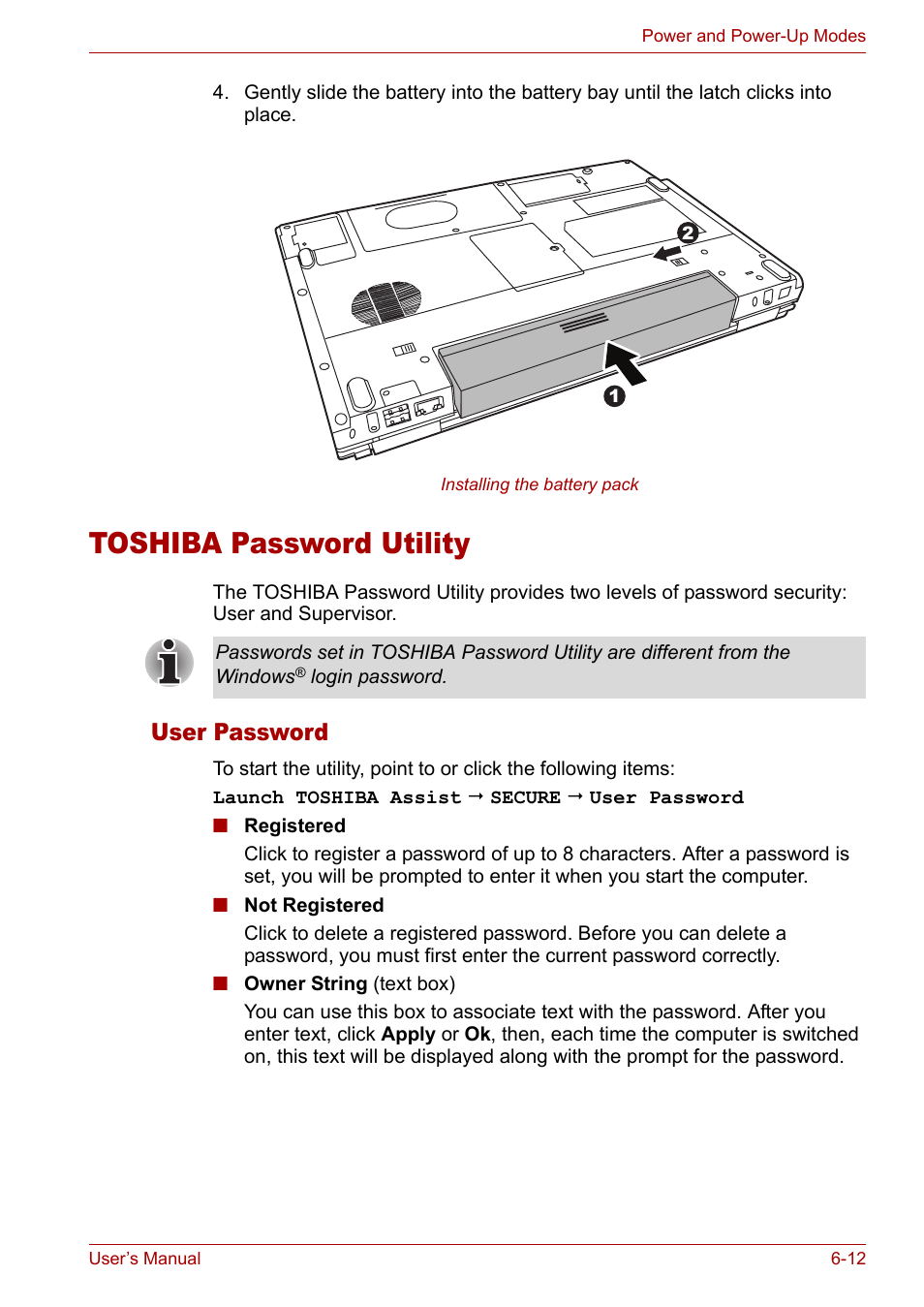 Toshiba password utility, Toshiba password utility -12, User password | Toshiba Satellite Pro M50 User Manual | Page 108 / 158