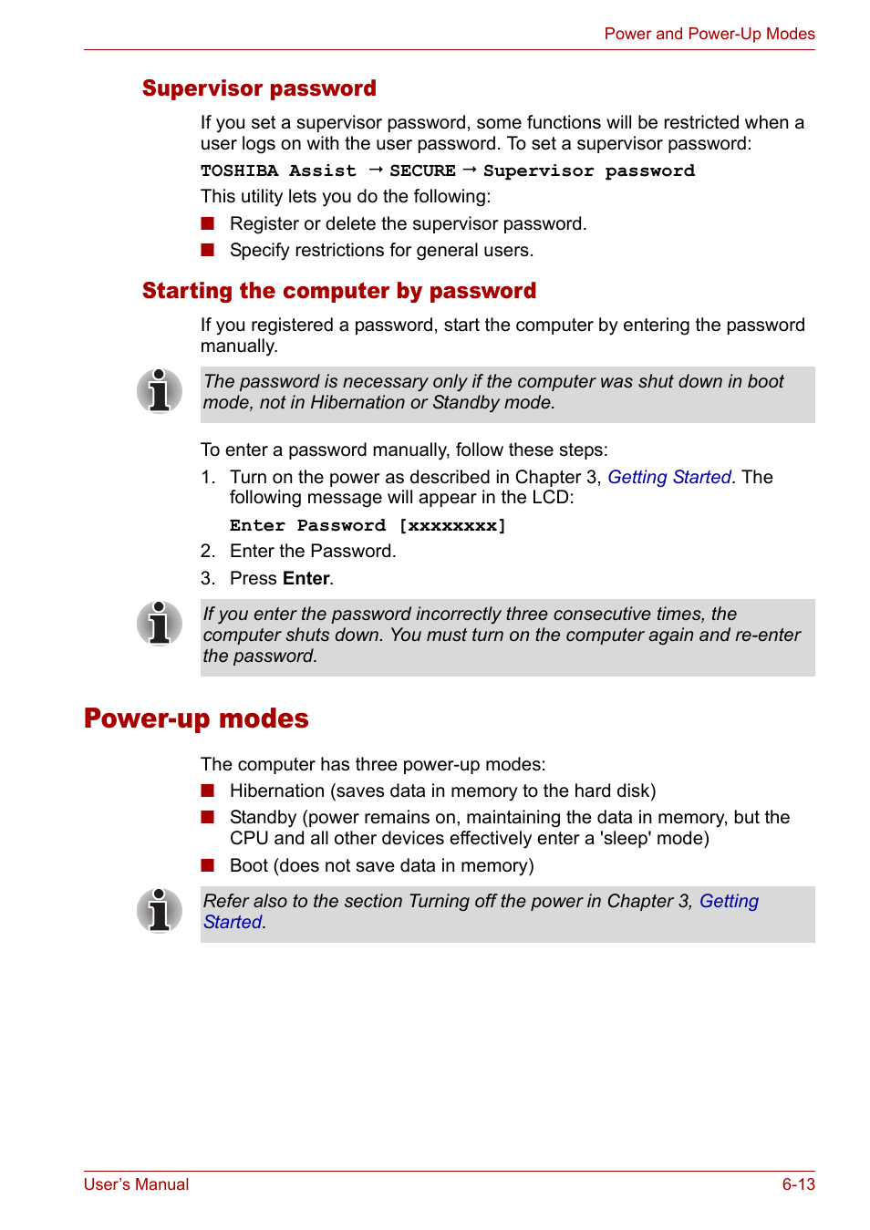 Power-up modes, Power-up modes -13, Supervisor password | Starting the computer by password | Toshiba Satellite Pro M50 User Manual | Page 109 / 158